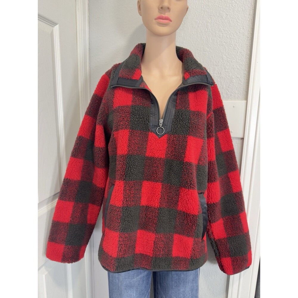 Abercrombie & Fitch Women’s S Sherpa Fleece Pullover Jacket Red Black Plaid - Picture 3 of 12